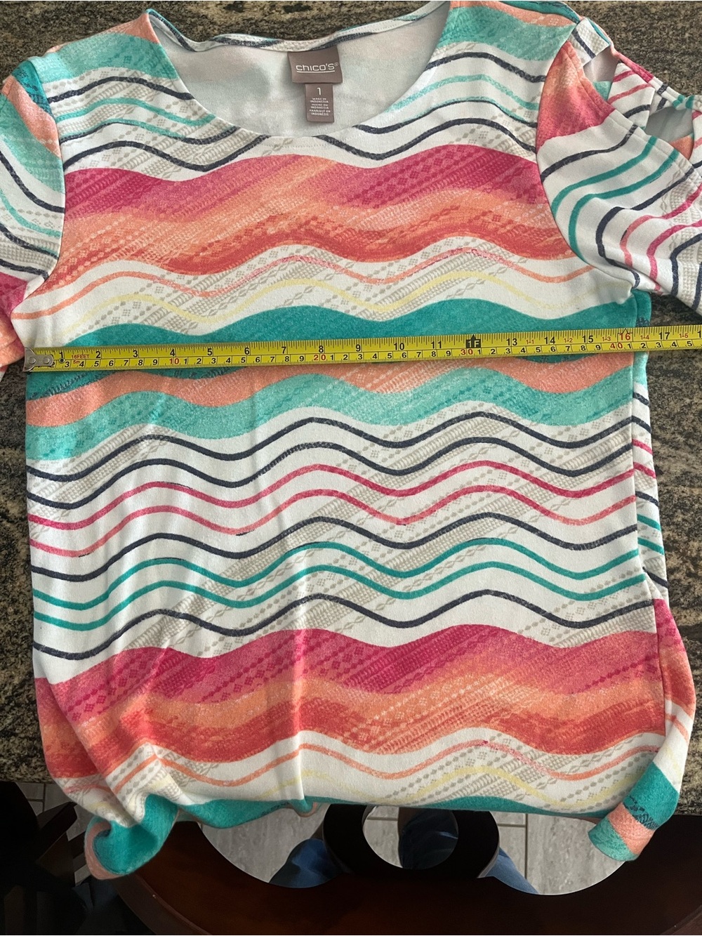 Chico's Teal, Coral, Pink & White Wave-Print Short Sleeve Top - Picture 6 of 6